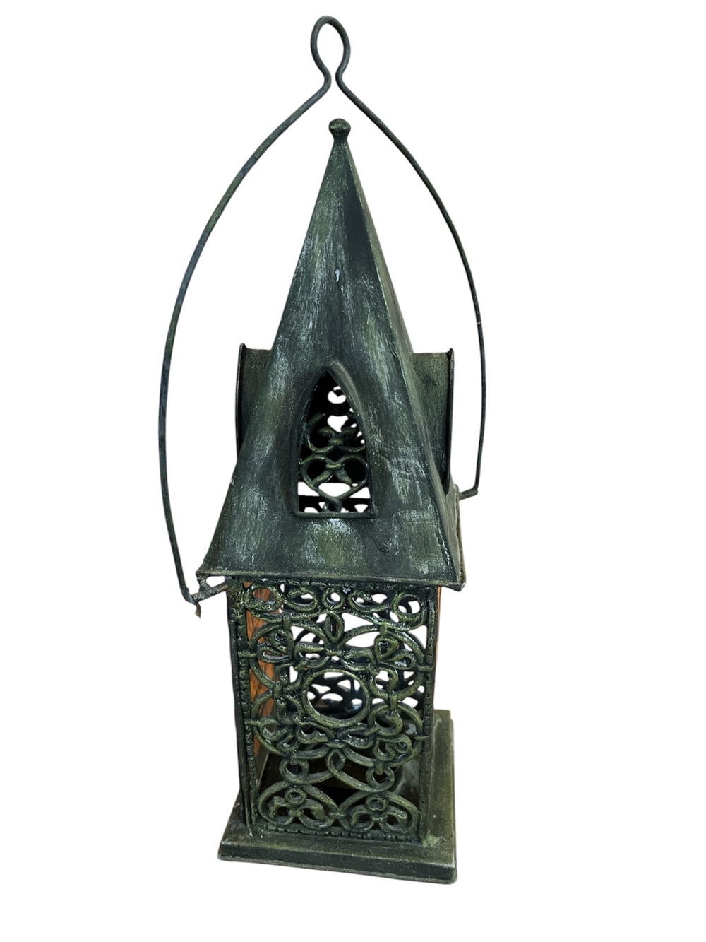 Decorative Green Metal and Glass Cathedral Style 12”H Lantern Filigree Detailing - Picture 3 of 15